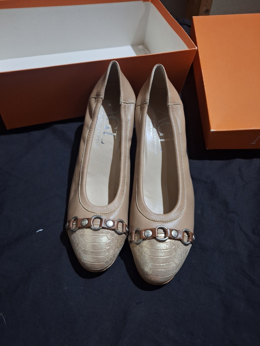 Agl Tan Leather Ballet Flats with Metallic Textured Toe and Chain